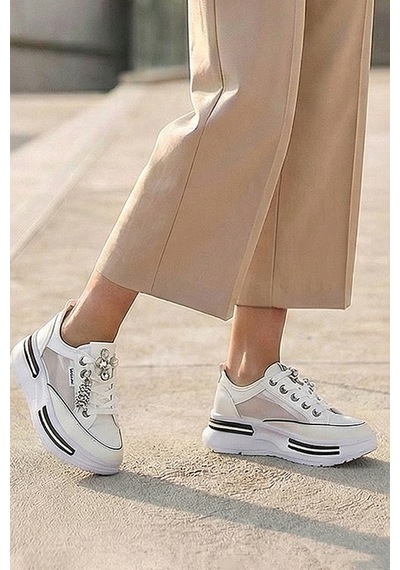 Tw Tonny White Tokyo - 172 Tül Detaylı Keten Sneakers Topuk Boyu 6cm Beyaz