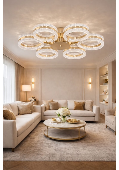 Alya 6lı Gold Plafonyer 3 Renk Led Secenekli Salon Oturma Odası Ledli Avize Altın - Gold