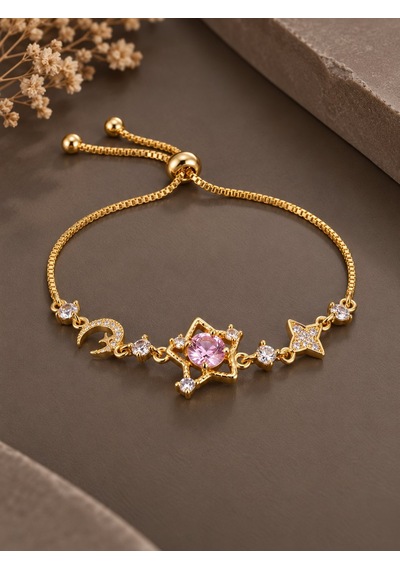 Pembe Taşlı Yıldız Model Gold Renk Zirkon Taşlı Asansörlü Bileklik Çok Renkli