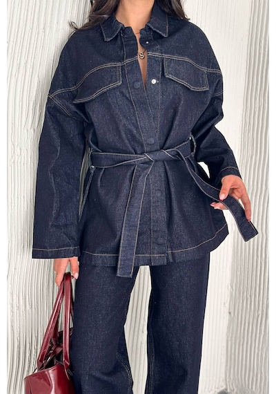 Kadın Kuşaklı Denim Pantolon & Ceket Takımı Modern & Güçlü Siluet Lacivert