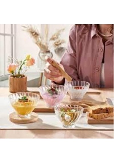Cam Kase Seti Çizgili Desenli, 6 Lı Servis Ve Tatlı Kasesi, Salata, Meze, Çerez Ve Dondurma İçin Şık Sofra Gereci Açık Bej