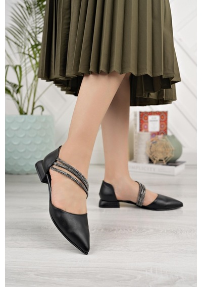 Nesilshoes Nesil Shoes Desca 557 Siyah Yanı Açık Taş Detaylı Kadın Ayakkabı