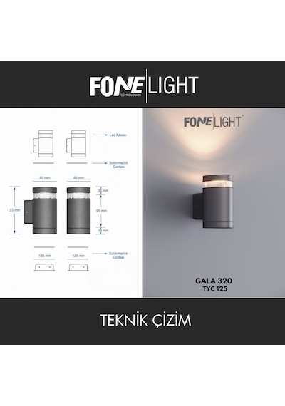 FoneLight Gala Mono Camlı 12,5 cm Tek Yönlü LED Duvar Apliği Antrasit Alüminyum IP65 Bahçe Cephe Dış Mekan Aydınlatması 7W 3000K