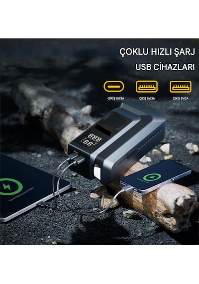 18.000 Mah Akım Korumalı Akü Takviye Cihazı Ve Lastik Hava Kompresörü Uyarı Işıklı Ve Powerbanklı