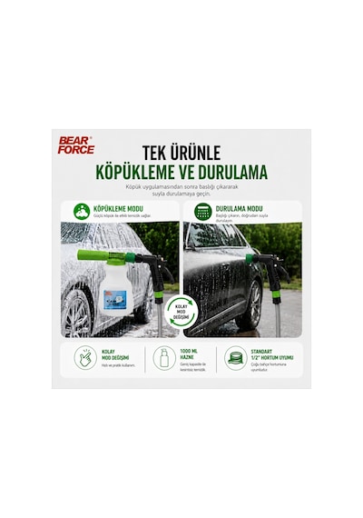 Robeve Bear Force 1000 Ml Bahçe Hortumuna Takılan Köpük Tabancası Oto Yıkama Köpük Aparatı Köpükleme Ve Durulama Modlu 1/2 Standart Hortum Uyumlu Araç, Motosiklet, Bisiklet Ve Bahçe Temizliği