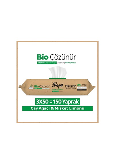 Sleepy Bio Çözünür Yüzey Temizlik Havlusu&Mendili Çay Ağacı&Misket Limonu 3x50 (150 Yaprak)