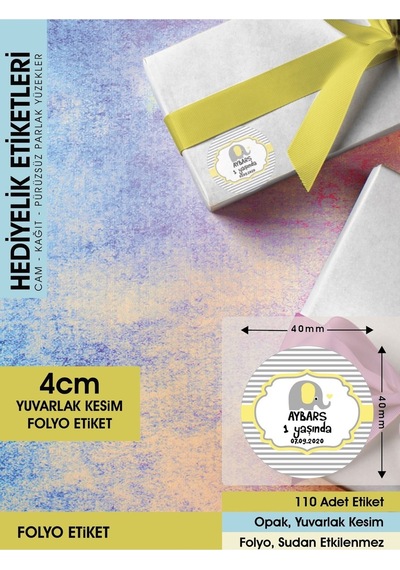Erkek Çocuk Doğum Etiketi - Sarı Fil Concept Sticker 4cm - 110 Adet Folyo Sticker Renkli