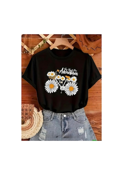 Medinenur Papatya Bisiklet Baskılı Basic T-shirt Siyah