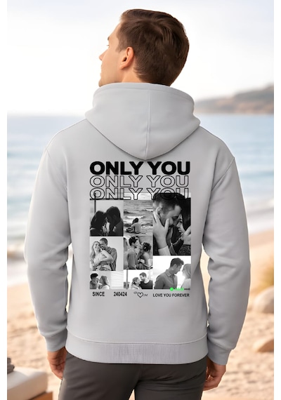 Young Fit Kişiye Özel Ön Ya Da Sırt Baskılı Kapüşomlu Hoodie Unisex Oversize Premium 3 İplik Sweatshirt Gri Melanj
