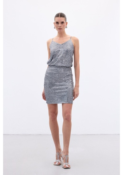 Sateen Payetli Mini Etek - Gri-136650 Gri