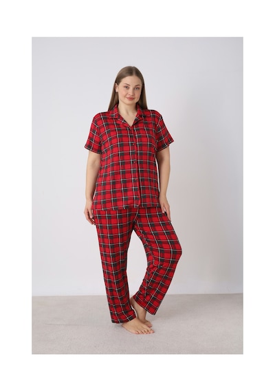 Estiva Kadın Kareli Kırmızı Kısa Kollu Önden Düğmeli Soft Battal Pijama Takımı Çok renkli