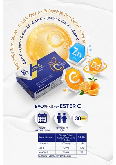 Evo Pharma Ester C - D Vitamini ve Çinko İçeren Takviye Edici Gıda 30 Tablet