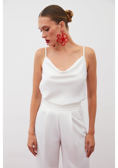 Sateen Degaje Yaka Saten Bluz - Ekru-133243