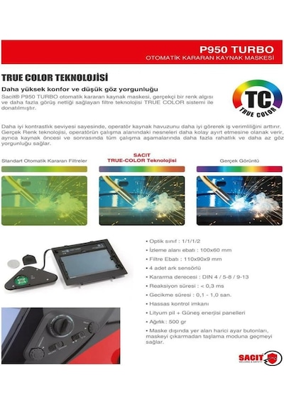 Sacit P950 Turbo Otomatik Kararan Kaynak Maskesi True Color