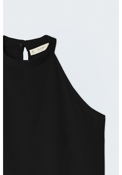 Sateen Halter Yaka Bluz - Siyah-137728