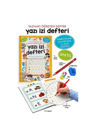 Yazı İzi Defteri - Yazmayı Öğreten Defter - Jumbo Kalem, Kalemtıraş Ve Silgi Hediyeli - Pyrz-885947