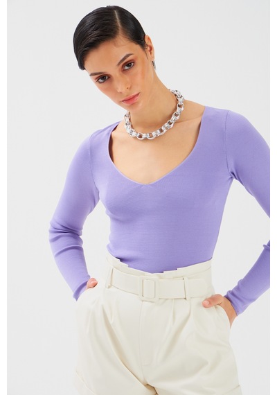 Sateen V Yaka Triko Crop - Lila-131507 Lila