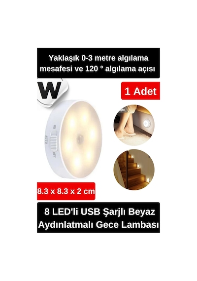 Özel Tasarım Mıknatıslı 3 Modlu Hareket Sensörlü 8 Led'li Usb Şarjlı Beyaz Aydınlatmalı Gece Lambası Diğer