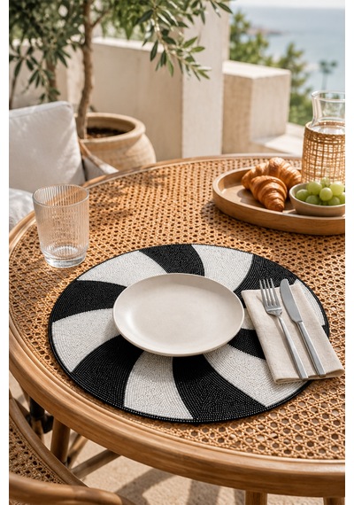 Boncuk İşlemeli Amerikan Servis 2'li Set Yuvarlak Supla 36x36 Cm Siyah Beyaz Siyah - Beyaz