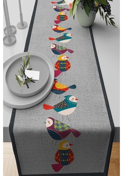 40x140cm Premium Tay Tüyü Dokuma Leke Tutmaz Kumaş Masa Örtüsü Runner Otantik Kuşlu Rnr209 Acı Kahverengi