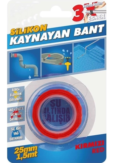 Silikon Kaynayan Çok Amaçlı Bant Boru Patlak Bandı 3katına Kadar Esner Su Altında Uygulanabilir 25x1,5mt-kırmızı