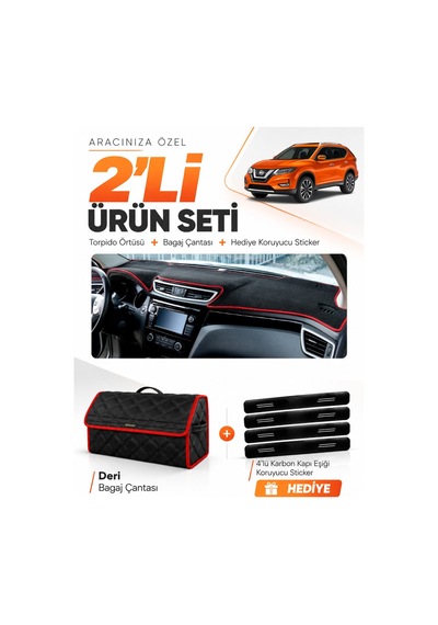 Nissan X-trail 2013-2020 Uyumlu Torpido Örtüsü + Deri Bagaj Çantası + Sticker Seti - Siyah Kırmızı