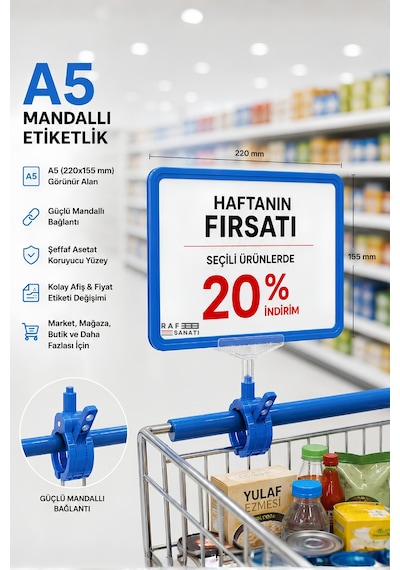 A5 Mandallı Etiketlik Fiyatlık Sepet Raf Askılık Fiyat Etiketi Çerçeveli Market Mağaza Mavi