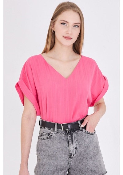 Armonika Kadın Fuşya V Yaka Yanları Yırtmaçlı Arkası Uzun Duble Kol Detaylı Oversize Bluz Arm-24y001074
