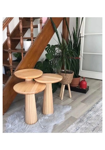 Wood Ahşap 3 Lü Set Fitilli Mantar Yan Sehpa Modern Fiskos