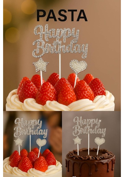 Happy Birthday Taşlı Pasta Süsü 3 Lü Set Gümüş Kalp Ve Yıldızlı Işıltılı Doğum Günü Dekoru