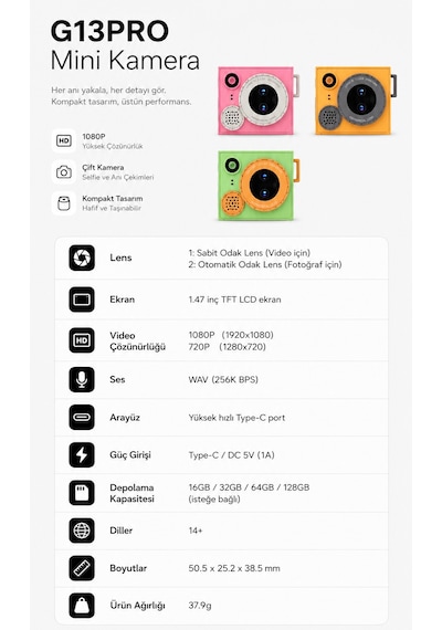 Bubitechh G13 Pro 1080P Mini Kamera Kompakt Dijital Fotoğraf Makinesi