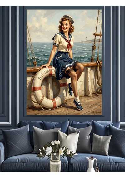 Gemide Can Simidiyle Oturan Pin-up Dekoratif Kanvas - Mdf Ahşap Tablo