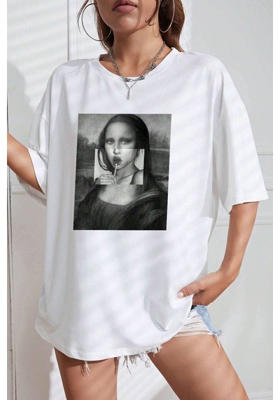 Unisex Mona Lisa Baskılı Tasarım Tshirt Beyaz