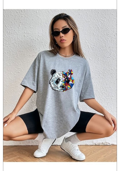 Medinenur Unisex Panda Baskılı T-shirt Gri