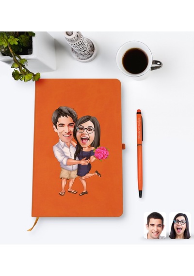 Kişiye Özel Sevgililer Karikatürlü Turuncu Termo Deri Defter Kale N11.2259