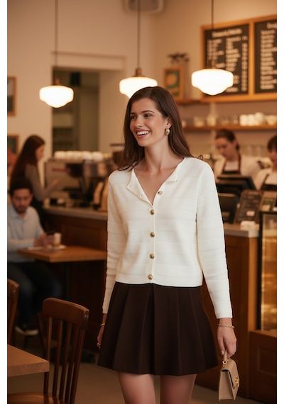 Lela Premium Regular Fit Bisiklet Yaka Düğmeli Dokulu Triko Bayan Hırka 680Hi00337 Ekru