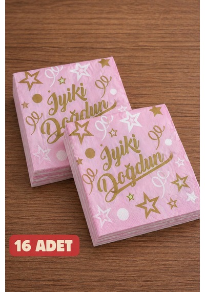 İyi Ki Doğdun Peçete 16 Adet Pembe Doğum Günü Peçetesi Parti Peçetesi Kağıt Peçete Seti