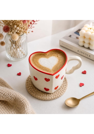Kalp Tasarımlı El Yapımı Seramik Kahve Kupası Sevgiliye Hediye Çay Ve Kahve Mug Kupa - 300 Ml Beyaz - Çok Renkli
