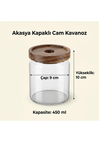 Akasya Kapaklı Yuvarlak Borosilikat Cam Kavanoz 450 Ml, 9 10 Cm, Orta Delikli Ahşap Kapak, Şeffaf Baharat Kahve Çay Şeker Kuruyemiş Ve Kuru Gıda Saklama Kabı, 1 Adet Çok Renkli