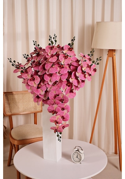 Fuşya Yapay Orkide Çiçeği Tek Dal Premium Canlı Islak Dokulu 98 Cm