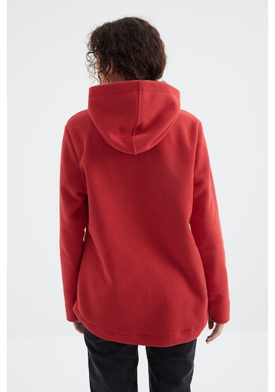Tommy Life Fiesta Kapüşonlu Fermuarlı Rahat Form Kadın Polar Sweatshirt - 97233 Kırmızı