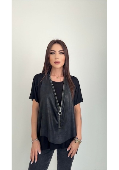 Etiler Collection Kadın Kısa Kollu Yuvarlak Yaka Viskon Bluz + Kolsuz Fermuarlı Çatlak Deri Yelek Siyah Etiler Collection Kadın Kısa Kollu Yuvarlak Yaka Viskon Bluz + Kolsuz Fermuarlı Çatlak Deri Yelek Siyah
