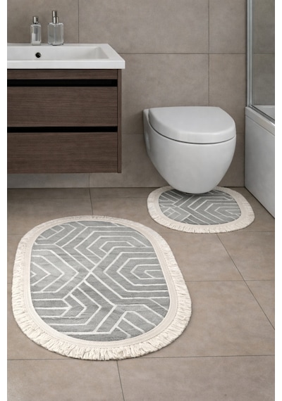 Kaymaz Tabanlı 2 Li Banyo Paspas Seti Yıkanabilir, Su Emici, Toz & Leke Tutmaz Oval Klozet Takımı Kahverengi - Mavi