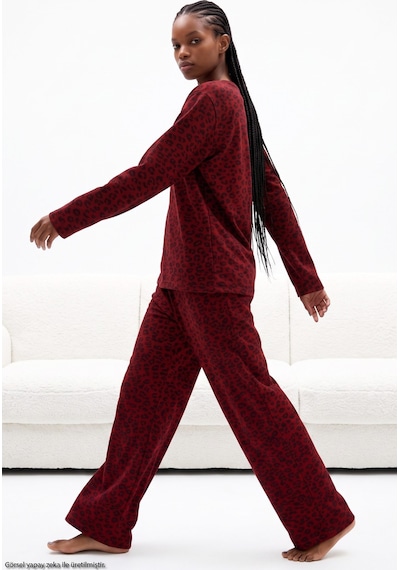 Siyah İnci Leopar Baskılı Örme Pijama Takım 8078 Bordo Leopar