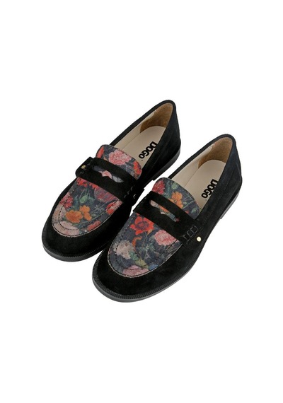 Kadın Vegan Deri Siyah Loafer - Black Floral Tasarım Çok Renkli