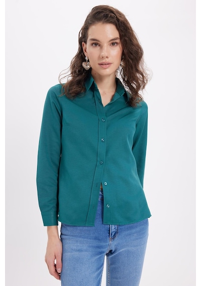 Tudors Kadın Slim Fit Dar Kesim Uzun Kollu Pamuklu Vücuda Oturan Dokulu Yeşil Basic Gömlek-38817