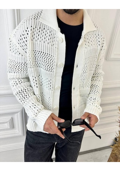 Elku Moda Hırka Oversize Özel Örgülü Triko Desenli Salaş Örgü Hırka Beyaz