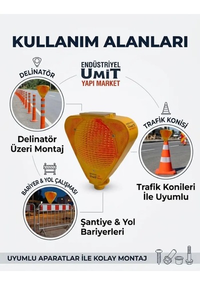 Güneş Enerjili Solar Flaşörlü Trafik Ve Şantiye Uyarı Lambası - Koni Uyumlu Sarı