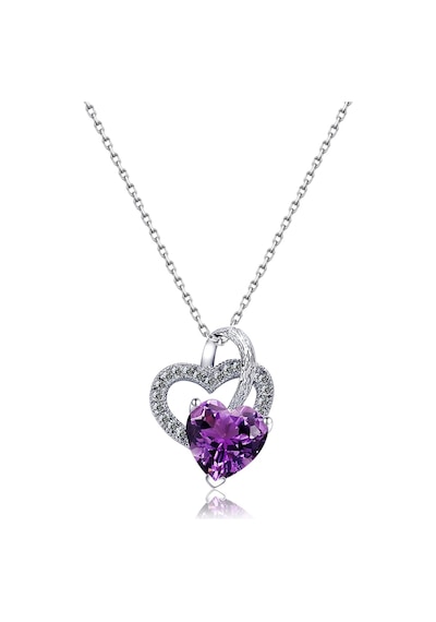 Brezza Lusso Jewelry Gümüş Ametist Taşlı Çift Kalp Kadın Gümüş Kolye 45 CM