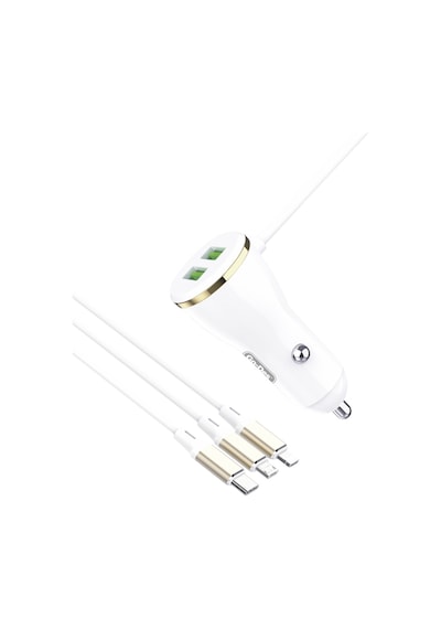 Go Des GD-CC202 5 in 1 5A Hızlı Şarj Çift USB-A ve Micro Type-C Lightning Kablolu Araç Şarj Aleti GODES-TA84061 Beyaz